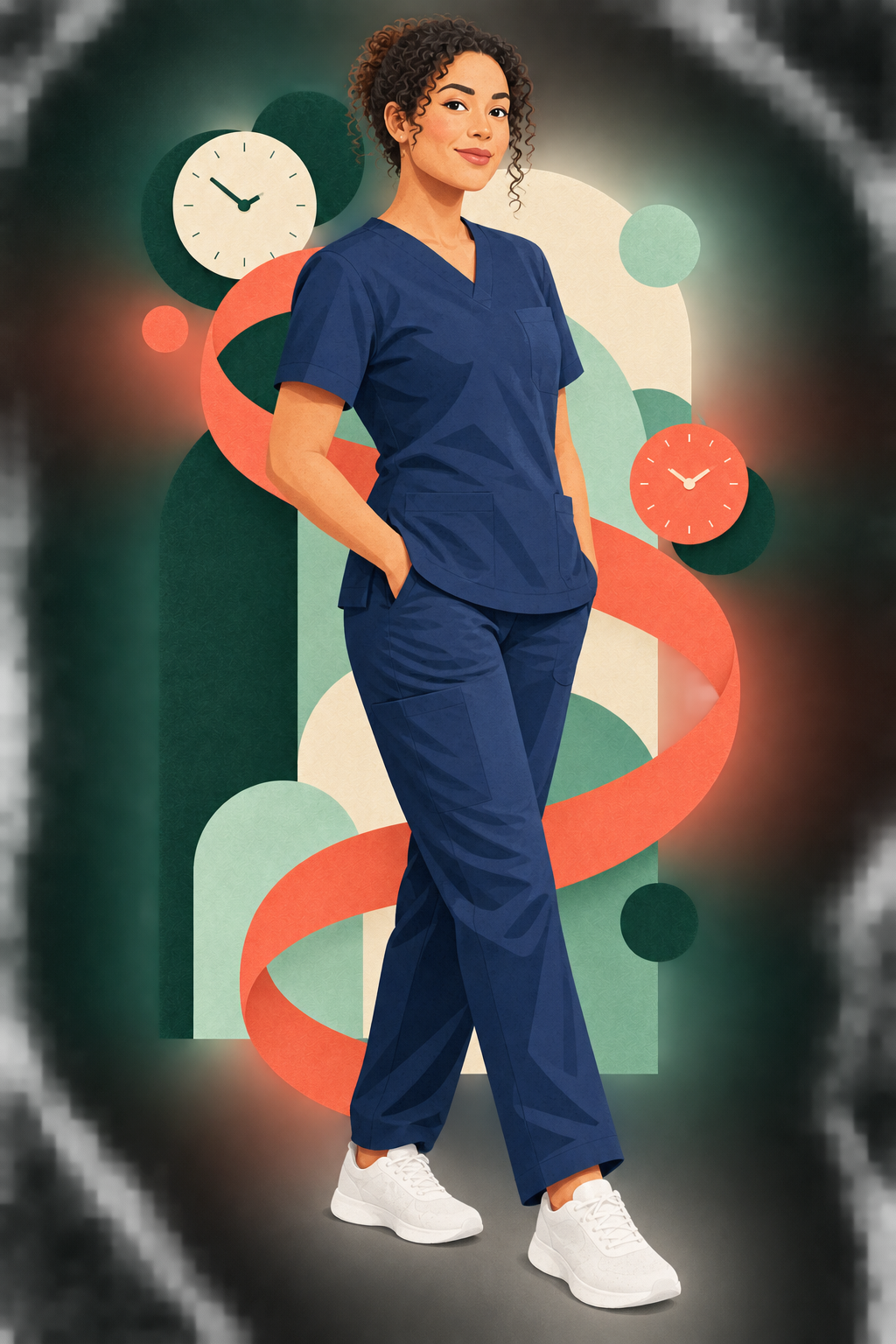Stylised illustration of a registered nurse surrounded by care and time motifs
